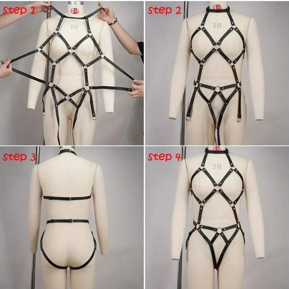 BDSM Erotic Halter Black Strappy Cage Harness Bodysuit #9 - Picture 5 of 5